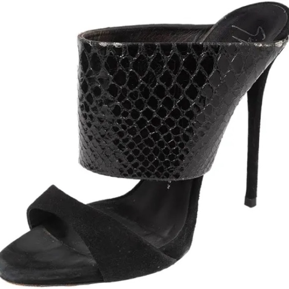 Giuseppe Zanotti Black Python Embossed Leather and Suede Sandals Size 9.5